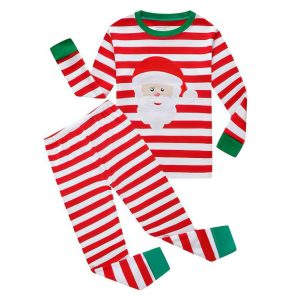 Ensemble Pyjama De Noël Enfant Rouge Et Vert Rayé « Le Tête Du Père Noël »