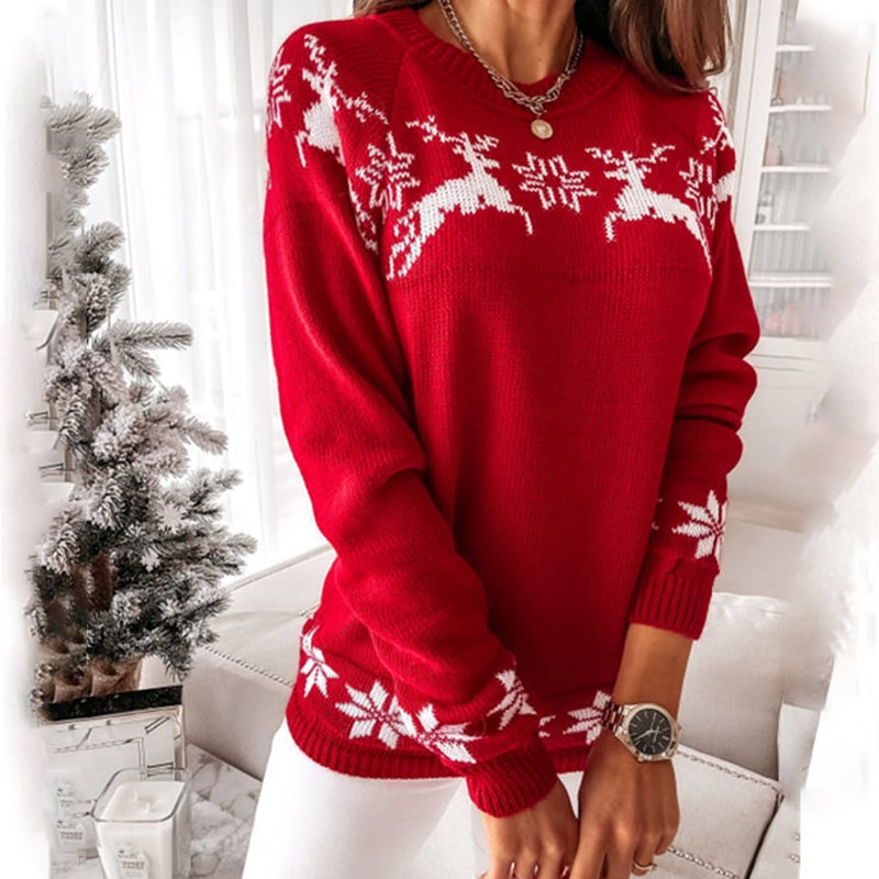 Pull De Noël Femme Chic - Col V Avec Fausse Fourrure - Manches Longues - Style Fête Élégant & Chaud